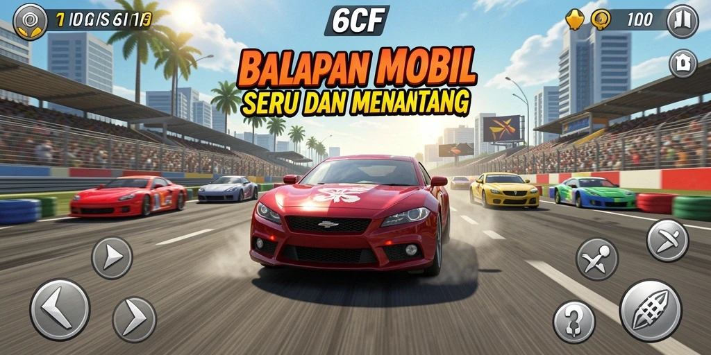 Tangkapan layar gameplay 6CF menampilkan aksi balapan yang mendebarkan.