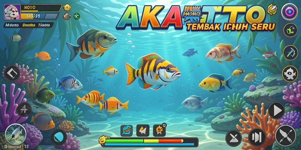 Gameplay AKARTOTO yang seru dengan berbagai ikan berwarna-warni.