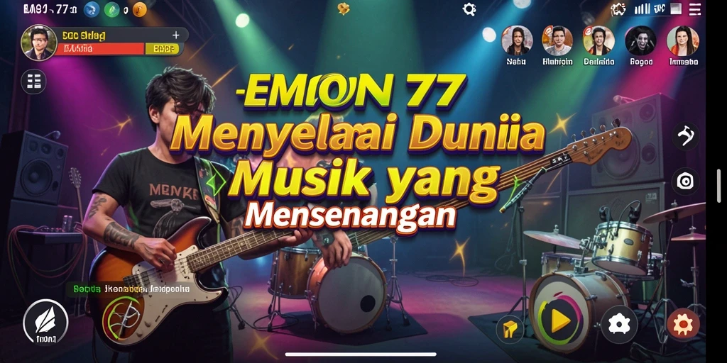 Screenshot EMON77 menampilkan gameplay musik yang penuh warna.
